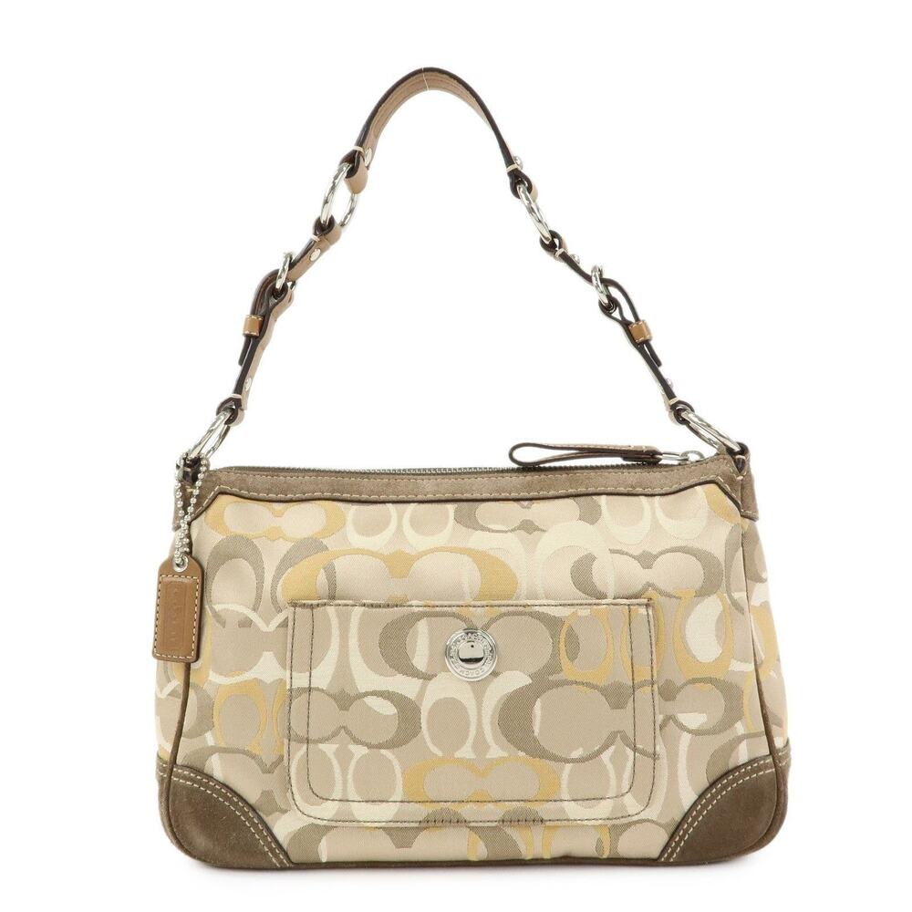 Coach Signature Canvas Suede Shoulder Bag Beige
